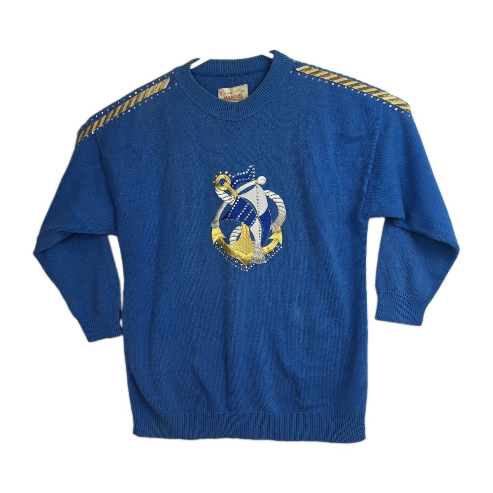 Vintage Mardel Sweater Womens XL Blue Embroidered Rhinestone 80s 90s Knit